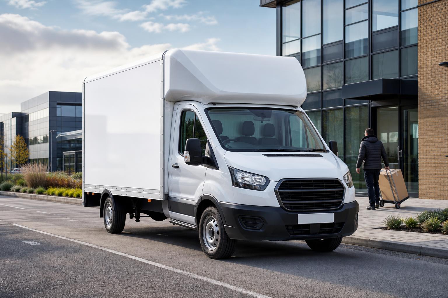 White Luton van parked at a modern business park in Dunfermline during a practical delivery job