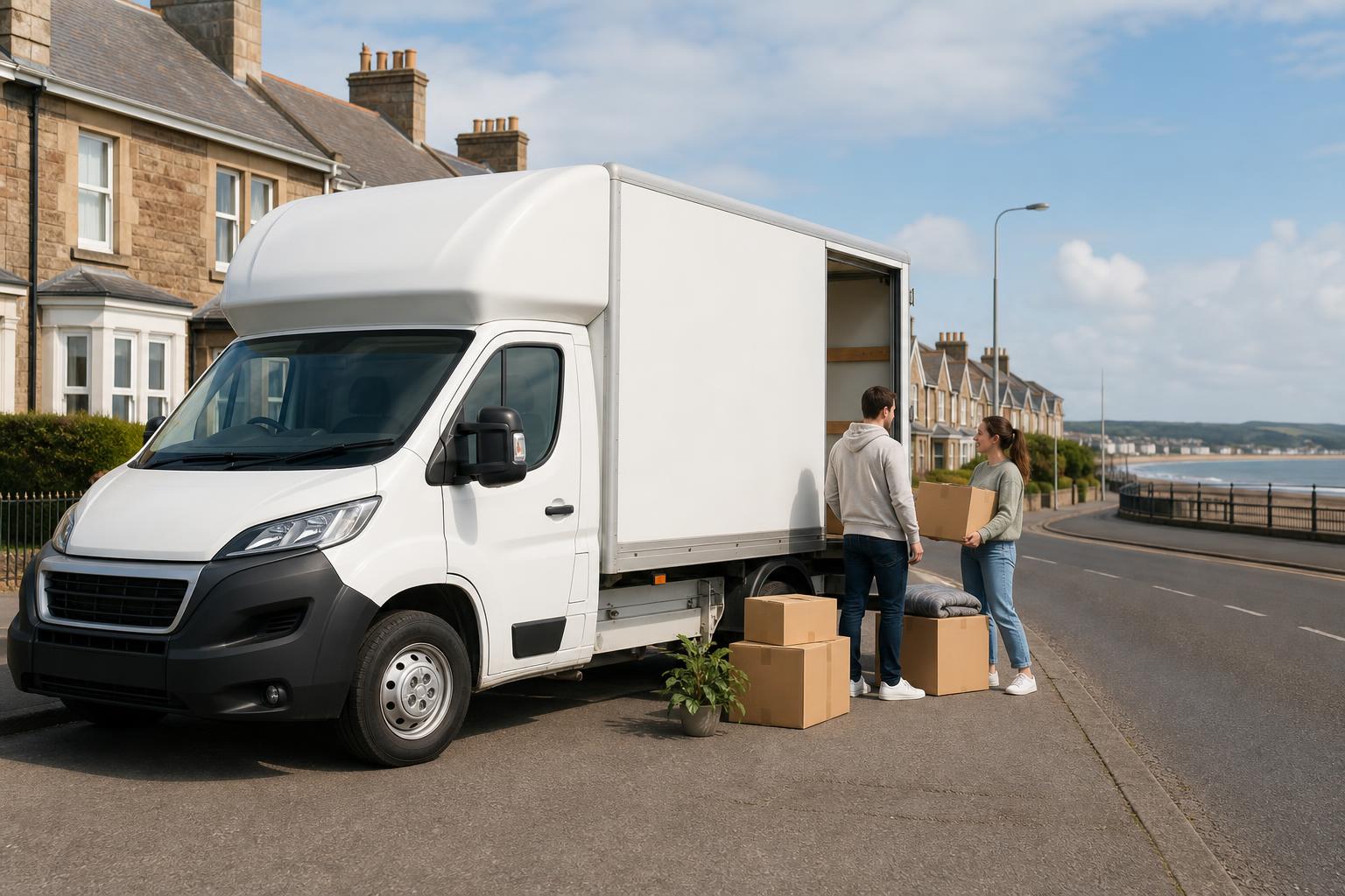 White Luton hire van on a residential street in Musselburgh with boxes ready for a home move
